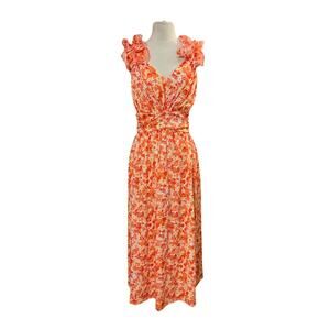 Grace Karin Smocked Maxi Dress Sz L New Orange Red Floral Ruffle Garden Party